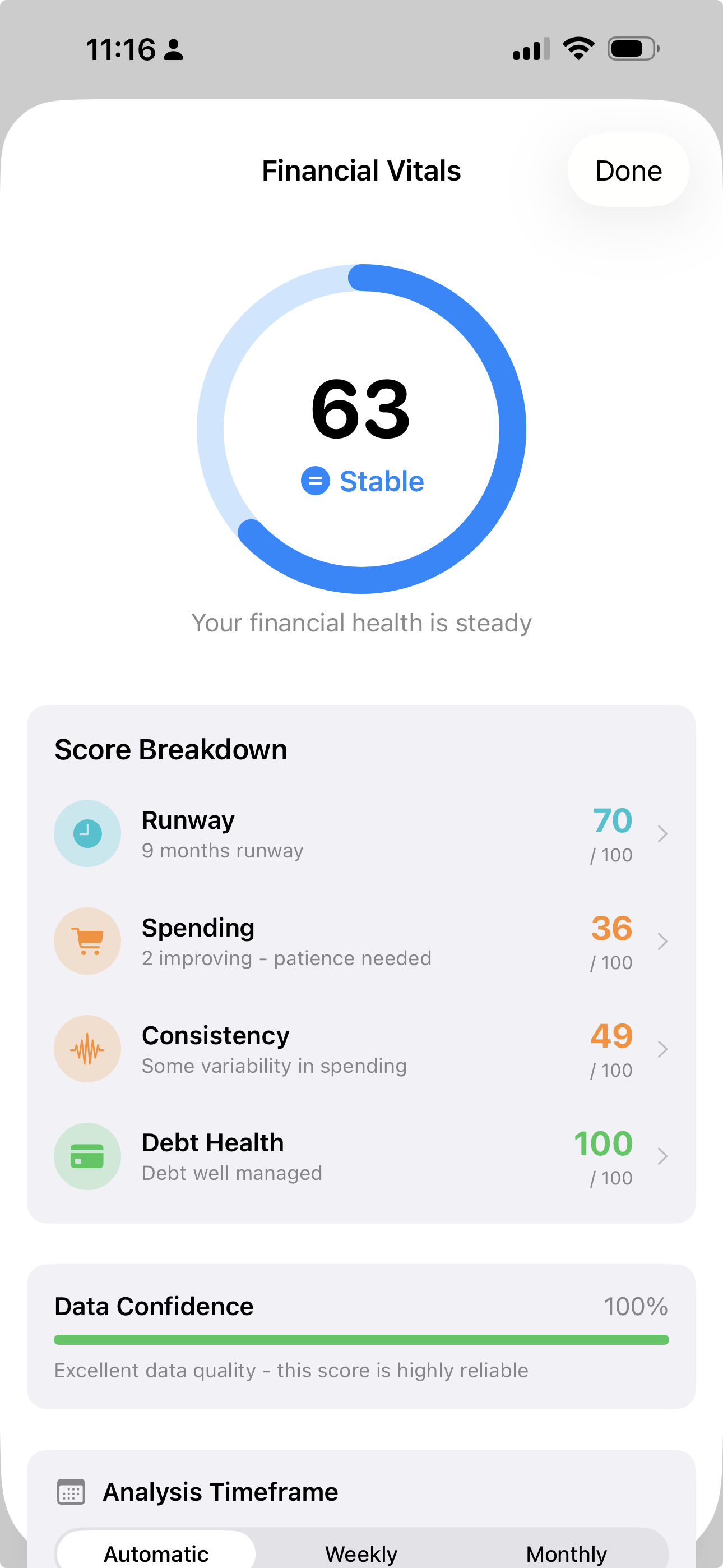 Financial Vitals detail — score of 63 Stable, with Runway, Spending, Consistency and Debt Health breakdown
