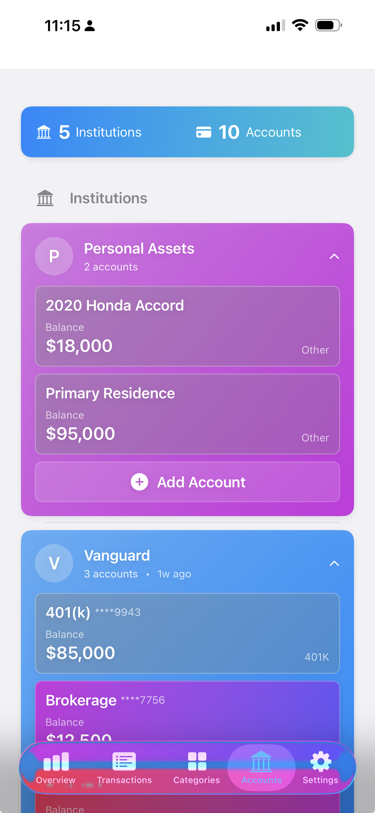 Accounts view showing 5 connected institutions and 10 accounts including Vanguard and personal assets