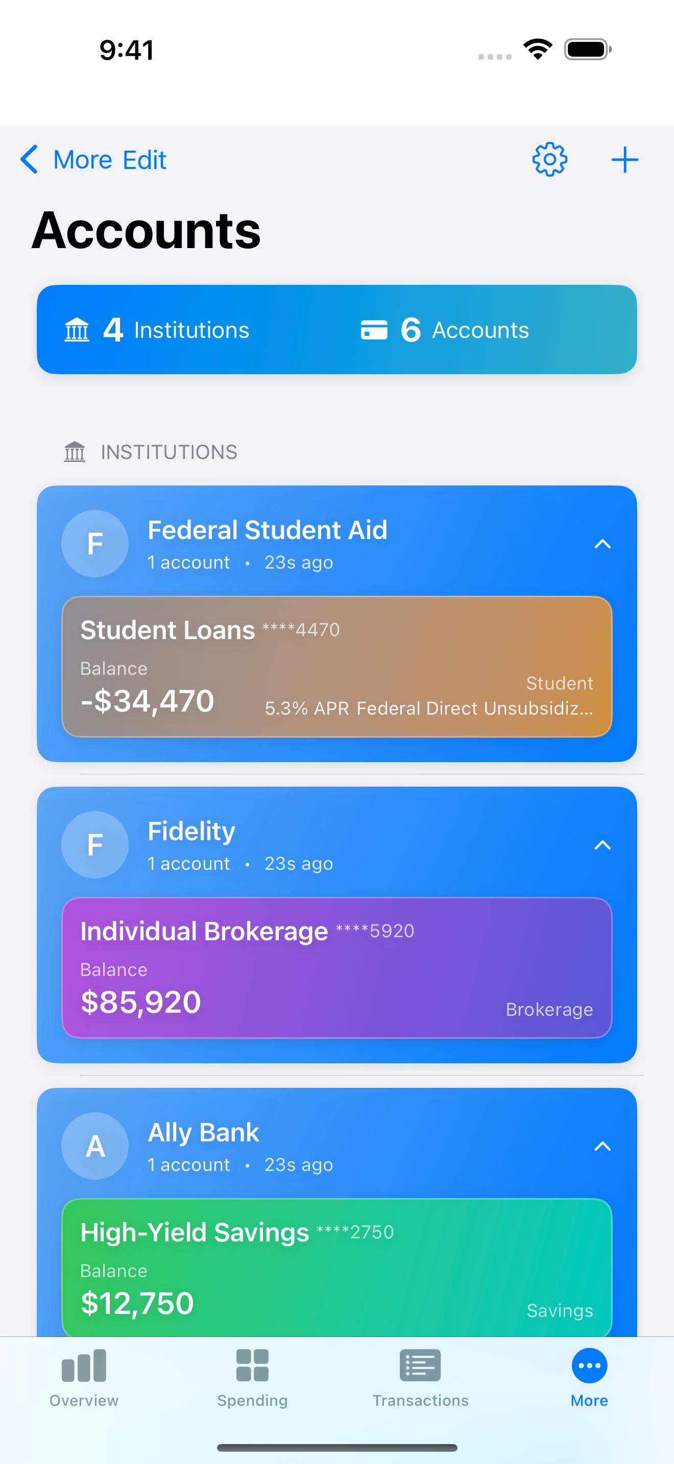 Accounts view showing 4 connected institutions with balances in personal iCloud